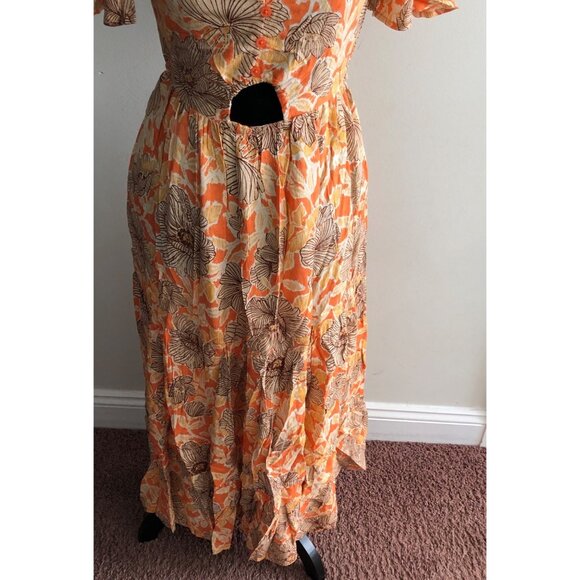 Land Of‎ The Free Floral Print Orange & Beige Maxi Dress With Cutout Size Small - Picture 6 of 9